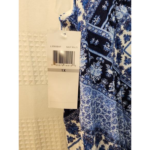 Nina Leonard Dress 1X Blue Geo Print Sleeveless Short Vneck Aline knee length - Picture 10 of 11